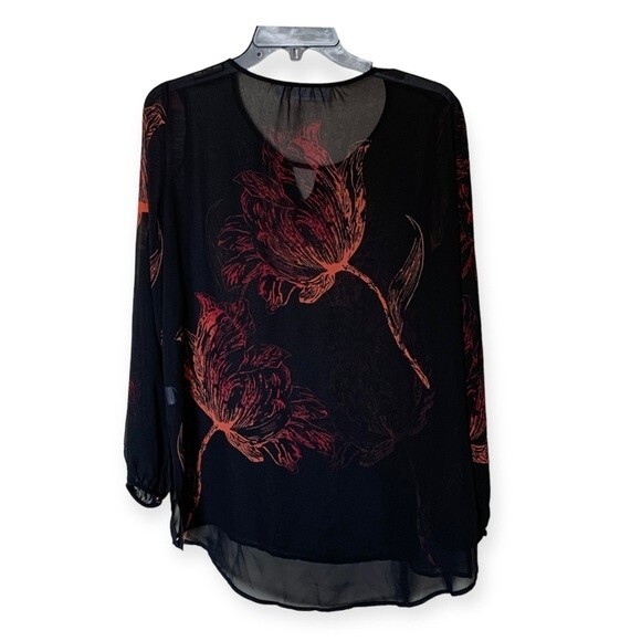 Susan Graver Placement Print Sheer Chiffon Black with Red Tunic with Keyhole - 6 - Picture 3 of 10